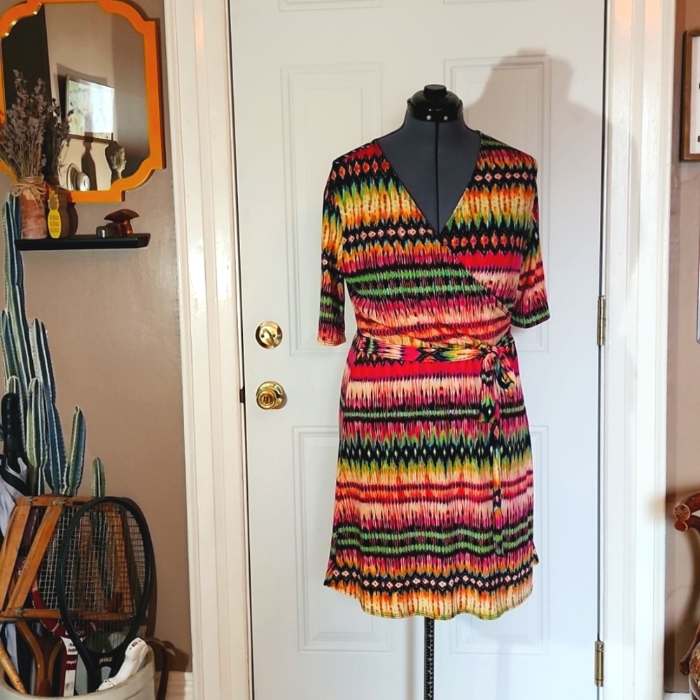 92% Polyester Multicolor rainbow Aztec wrap style dress